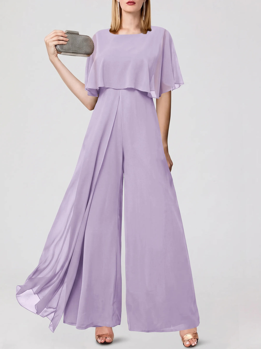 Jumpsuits Short Sleeves Jewel Neck Wedding Guest Dress with Fringe