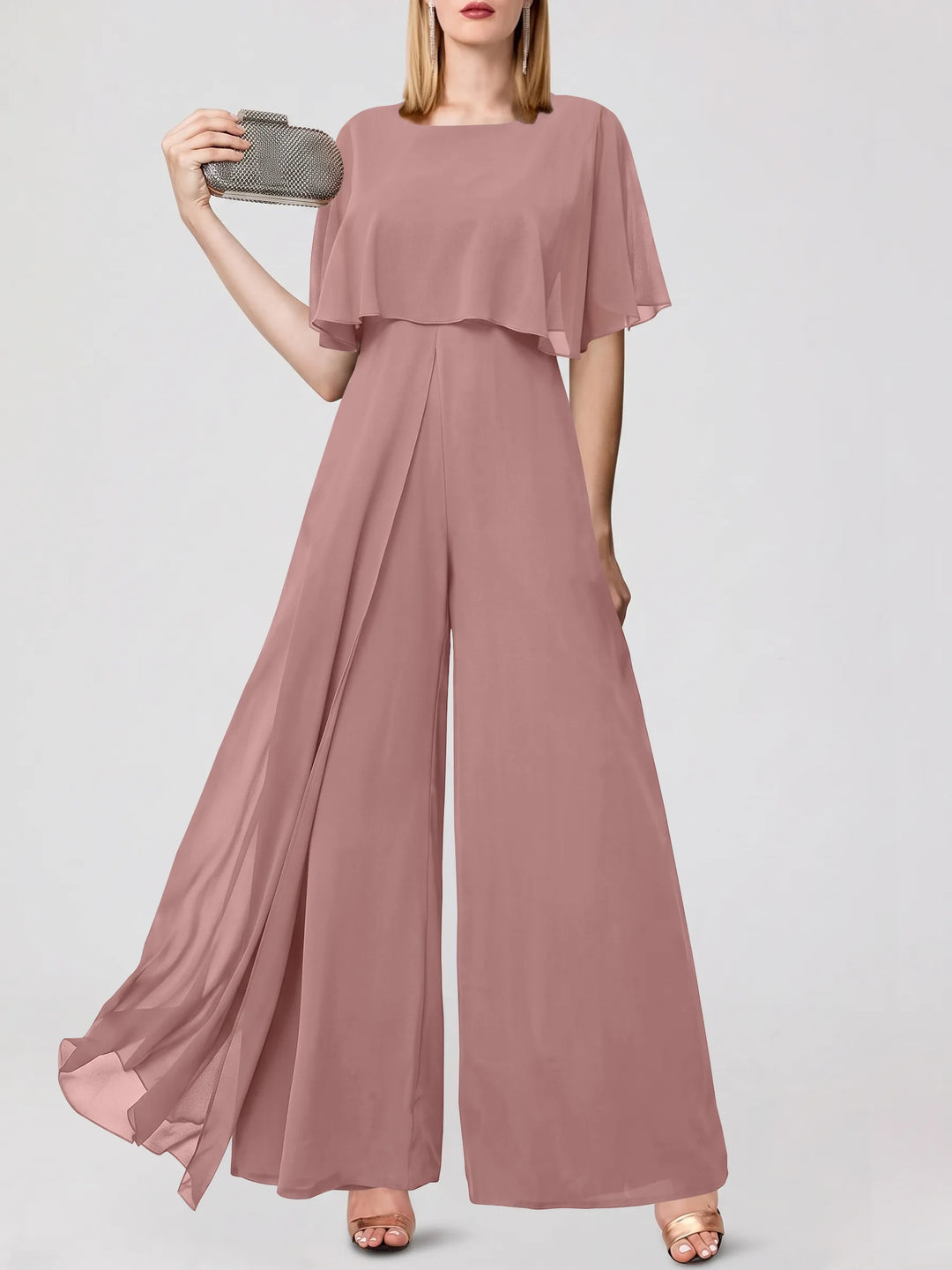 Jumpsuits Short Sleeves Jewel Neck Wedding Guest Dress with Fringe