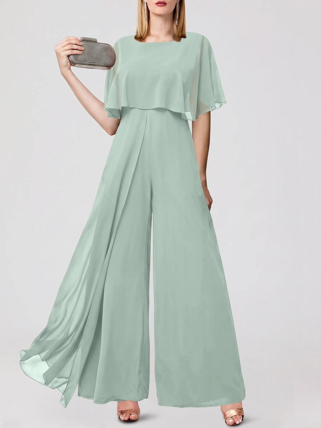 Jumpsuits Short Sleeves Jewel Neck Wedding Guest Dress with Fringe