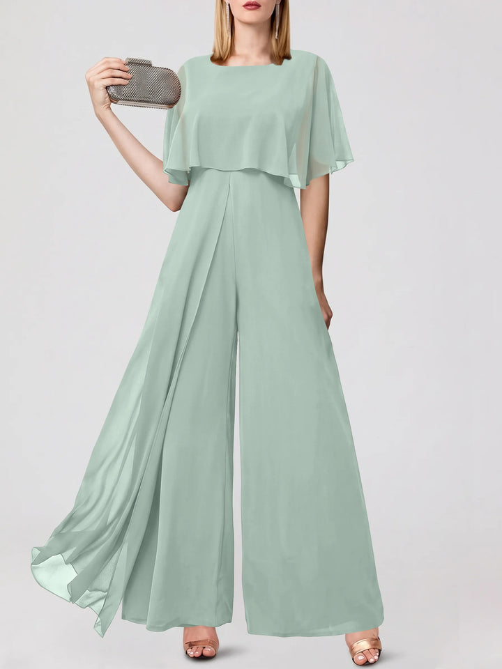 Jumpsuits Short Sleeves Jewel Neck Wedding Guest Dress with Fringe