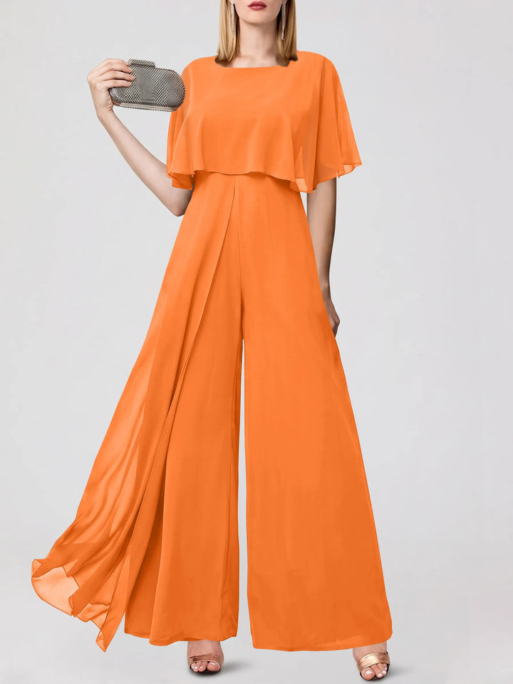 Jumpsuits Short Sleeves Jewel Neck Wedding Guest Dress with Fringe
