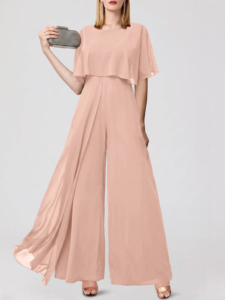 Jumpsuits Short Sleeves Jewel Neck Wedding Guest Dress with Fringe