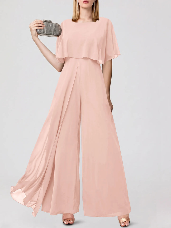 Jumpsuits Short Sleeves Jewel Neck Wedding Guest Dress with Fringe