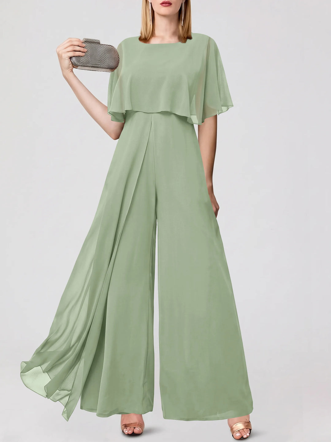 Jumpsuits Short Sleeves Jewel Neck Wedding Guest Dress with Fringe