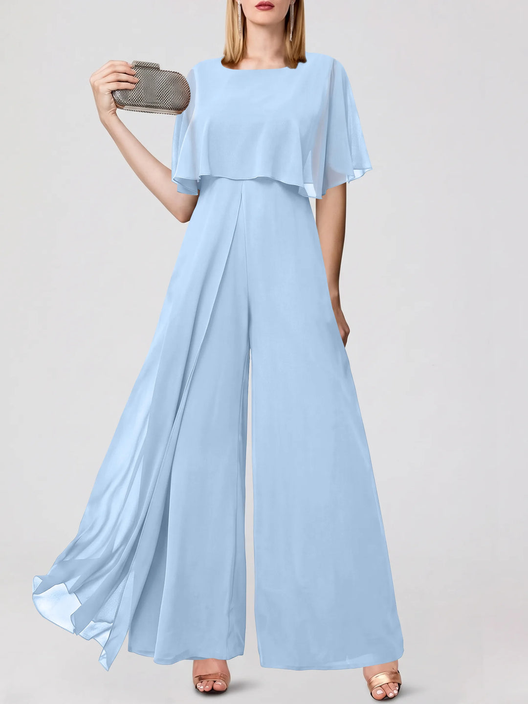 Jumpsuits Short Sleeves Jewel Neck Wedding Guest Dress with Fringe
