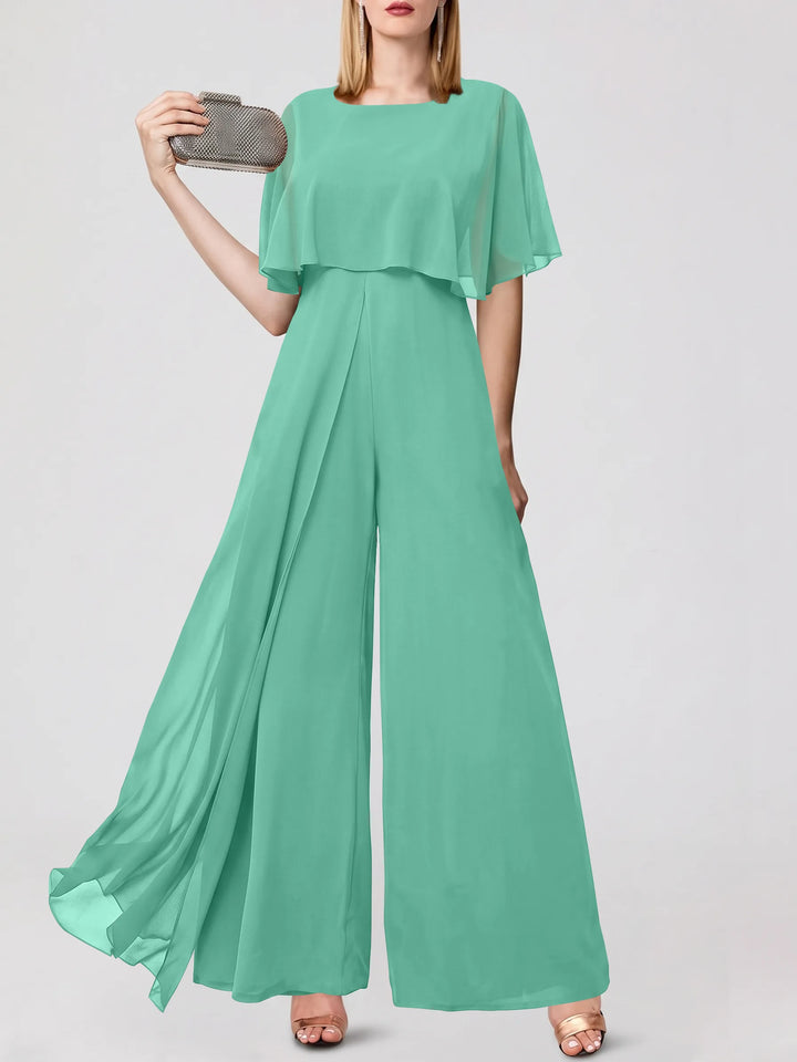 Jumpsuits Short Sleeves Jewel Neck Wedding Guest Dress with Fringe