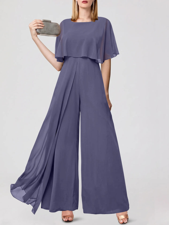 Jumpsuits Short Sleeves Jewel Neck Wedding Guest Dress with Fringe