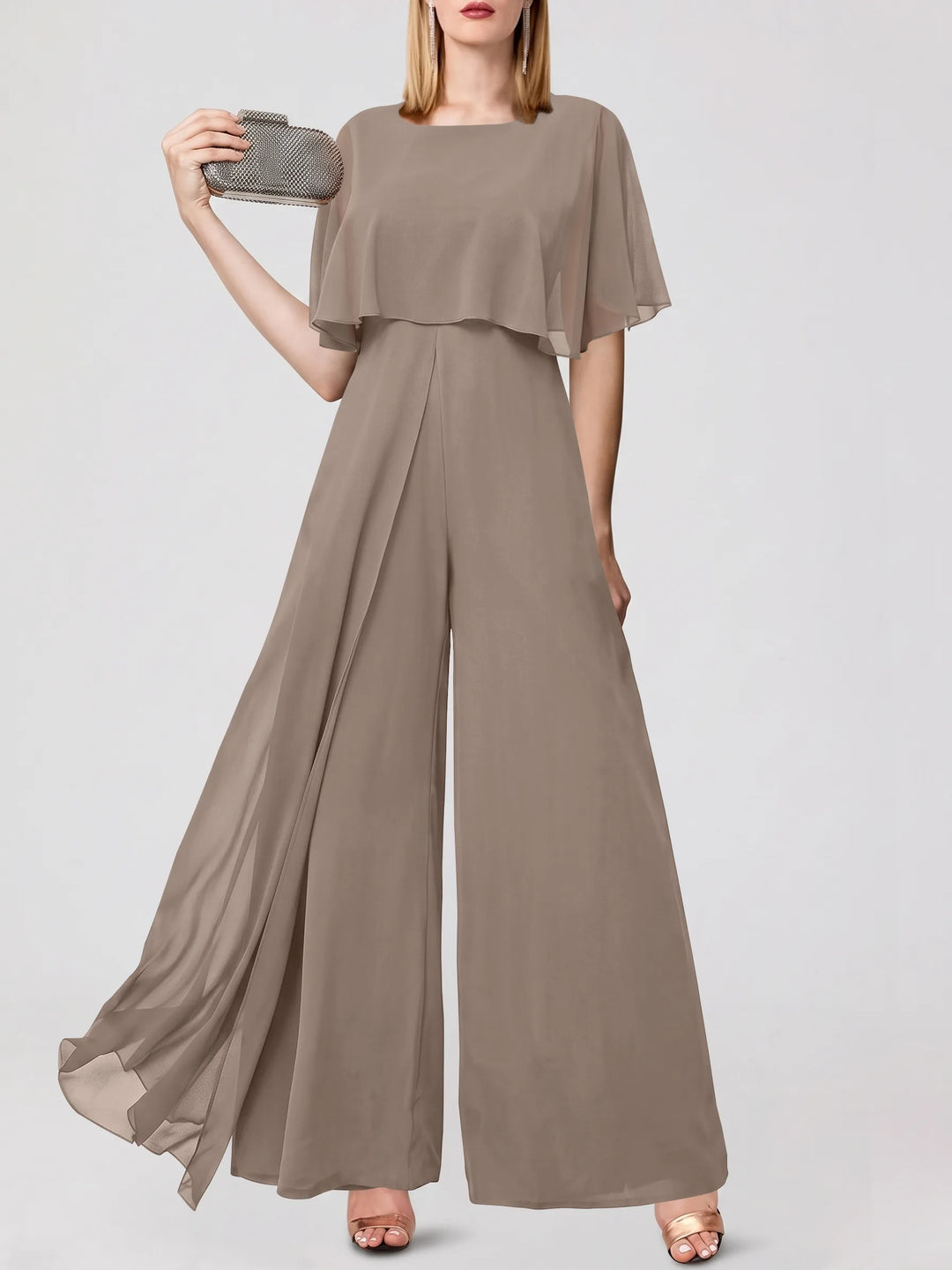 Jumpsuits Short Sleeves Jewel Neck Wedding Guest Dress with Fringe