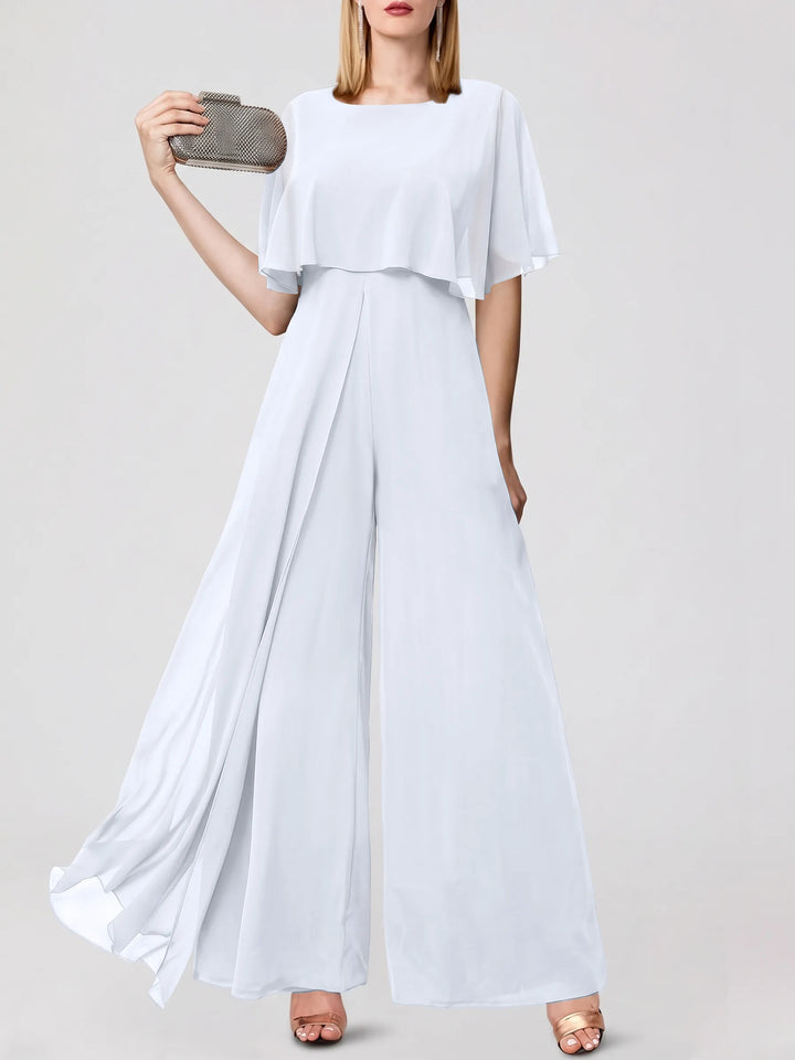 Jumpsuits Short Sleeves Jewel Neck Wedding Guest Dress with Fringe