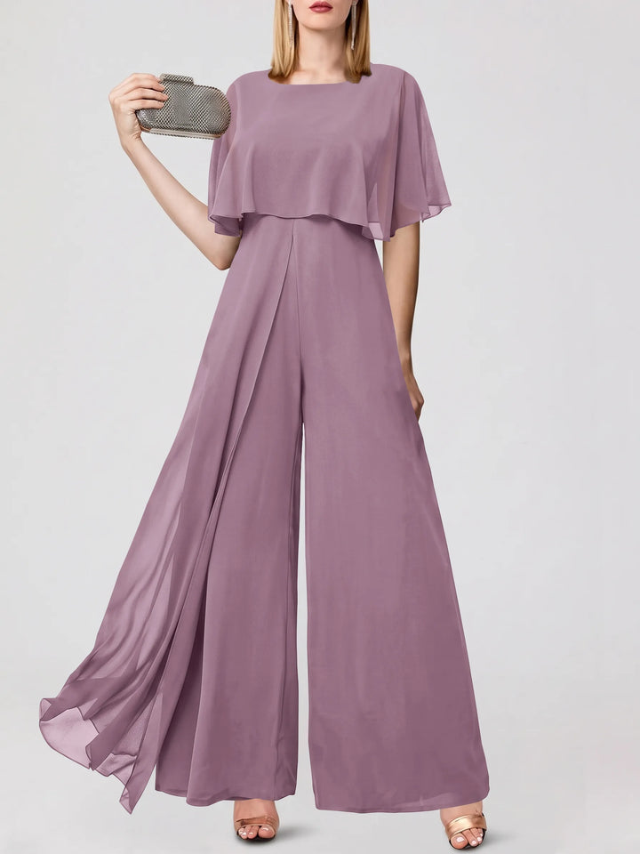 Jumpsuits Short Sleeves Jewel Neck Wedding Guest Dress with Fringe
