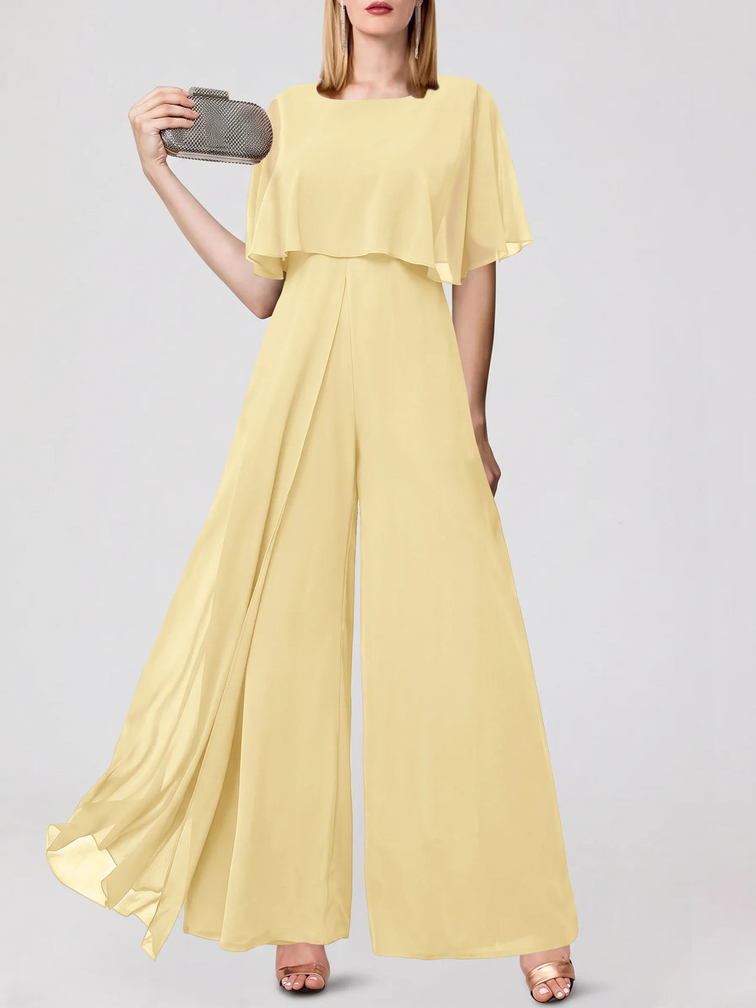 Jumpsuits Short Sleeves Jewel Neck Wedding Guest Dress with Fringe