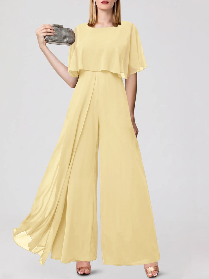 Jumpsuits Short Sleeves Jewel Neck Wedding Guest Dress with Fringe