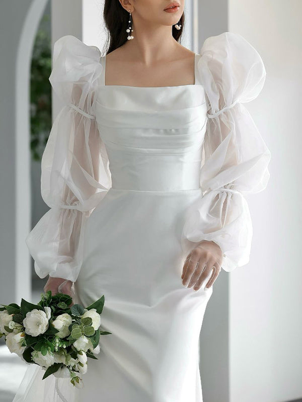 Sheath/Column Square Neckline Long Sleeves Sweep Train Satin Chiffon Wedding Dresses