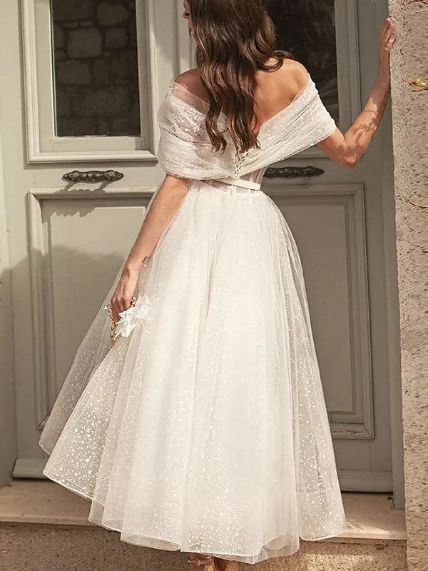 Deep V-Neck Little White Dresses Off the Shoulder Short Wedding Dresses Deep V-Neck Little White Dresses Off the Shoulder Short Wedding Dresses