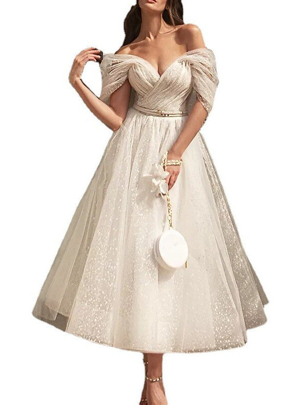 A-Line/Princess Off Shoulder Short Sleeve Tea Length Wedding Dress With Ruched