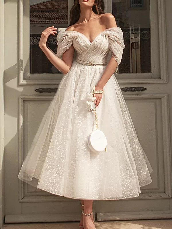 A-Line/Princess Off Shoulder Short Sleeve Tea Length Wedding Dress With Ruched