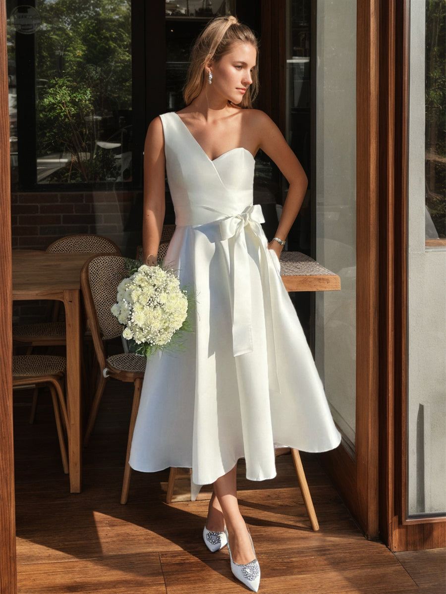 one shoulder tea length wedding dress One-Shoulder Little White Dresses Graduation Gown A-Line/Princess Tea-Length Bowknot Wedding Party Dress