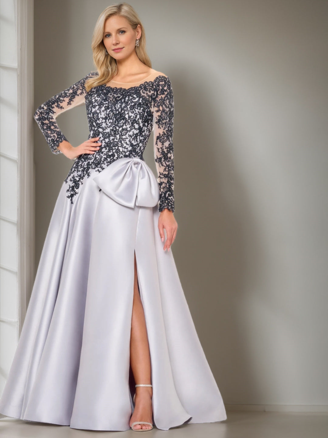 A-Line/Princess Scoop Long Sleeves Tea-Length Wedding Dress With