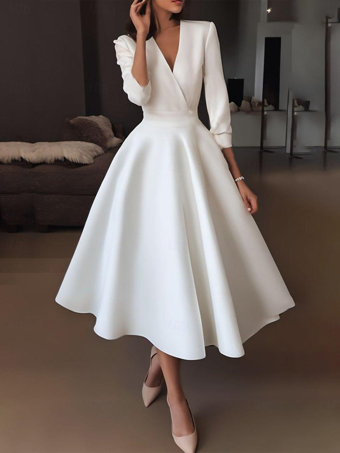 A-Line/Princess V-Neck Tea-Length Wedding Dress Pure Color main image 0