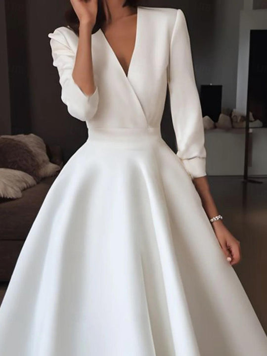 A-Line/Princess V-Neck Tea-length Wedding Dress main image 0