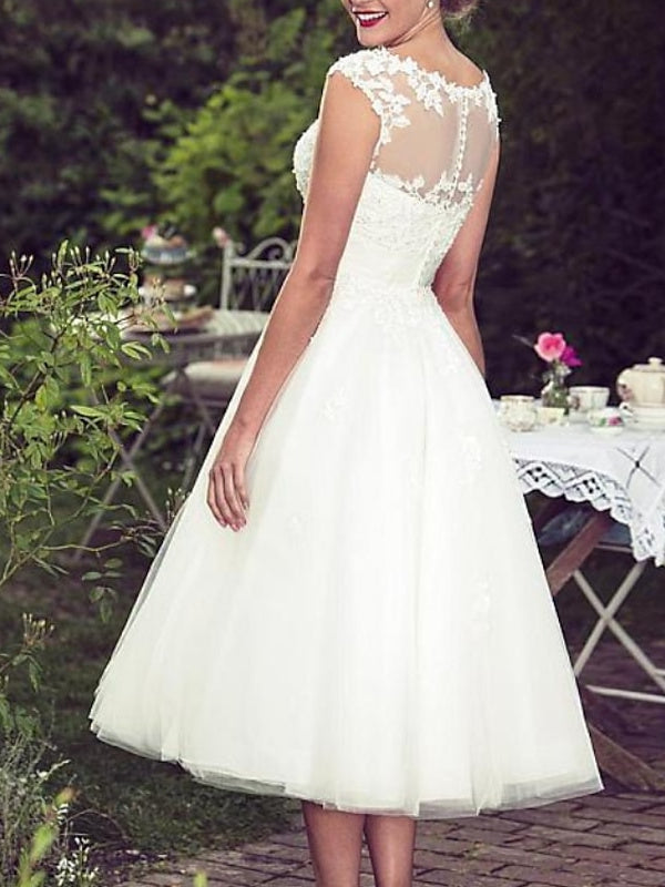 A-Line/Princess Lace Tulle Illusion Neck Sleeveless Tea Length Appliques Wedding Dress A-Line/Princess Lace Tulle Illusion Neck Sleeveless Tea Length Appliques Wedding Dress
