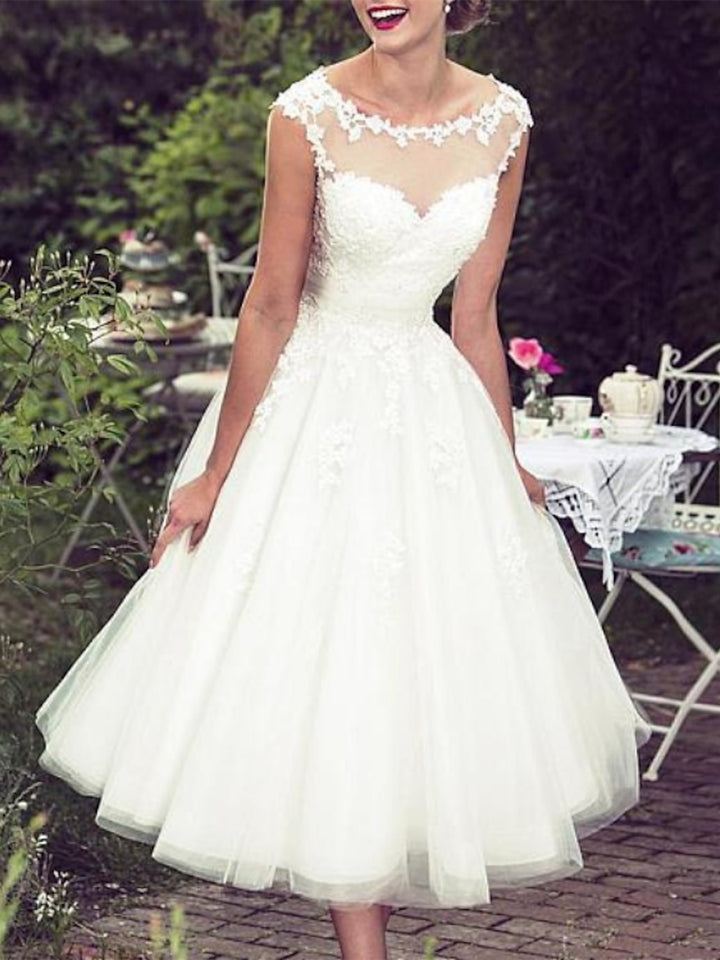 A-Line/Princess Lace Tulle Illusion Neck Sleeveless Tea Length Appliques Wedding Dress