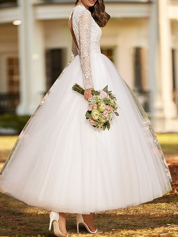 Ball Gown Lace Satin Tulle Scoop Long Sleeve Ankle Length Appliques Solid Color Wedding Dress Ball Gown Lace Satin Tulle Scoop Long Sleeve Ankle Length Appliques Solid Color Wedding Dress