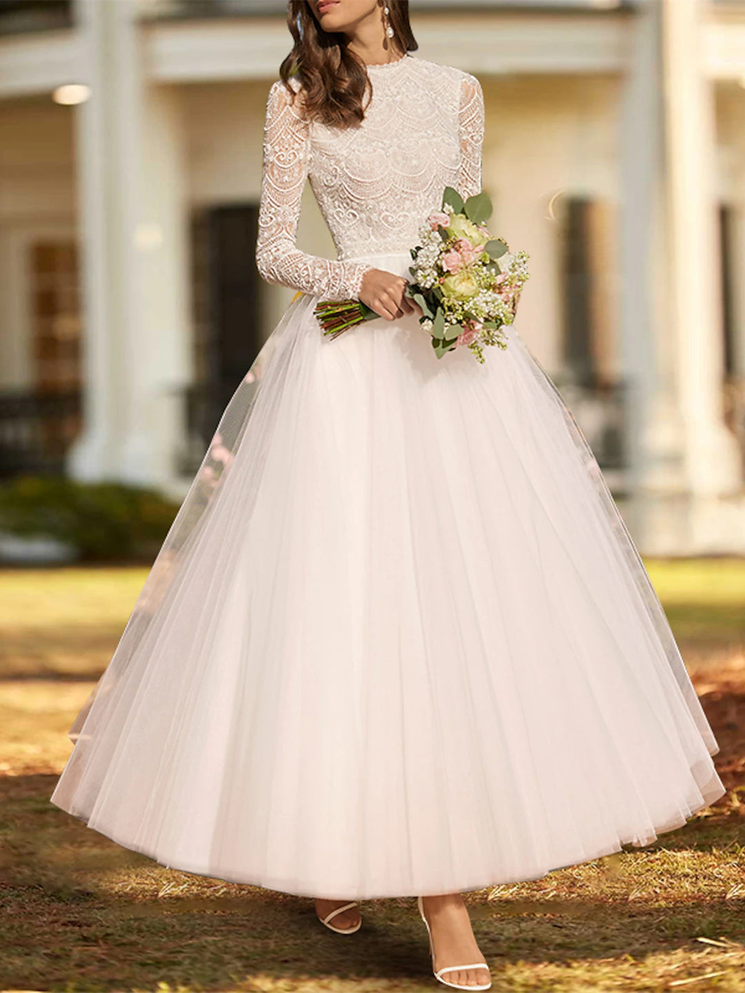 Ball Gown Lace Satin Tulle Scoop Long Sleeve Ankle Length Appliques Solid Color Wedding Dress