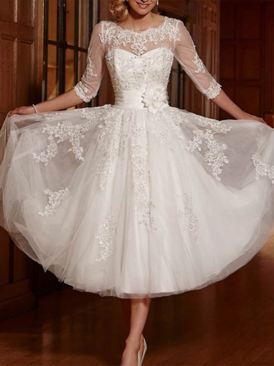 3 4 sleeve wedding dress with lace and tulle skirt Stacees Wedding Dress Princess A-line V Neck 3/4 Sleeve Sweep Train Tulle Lace