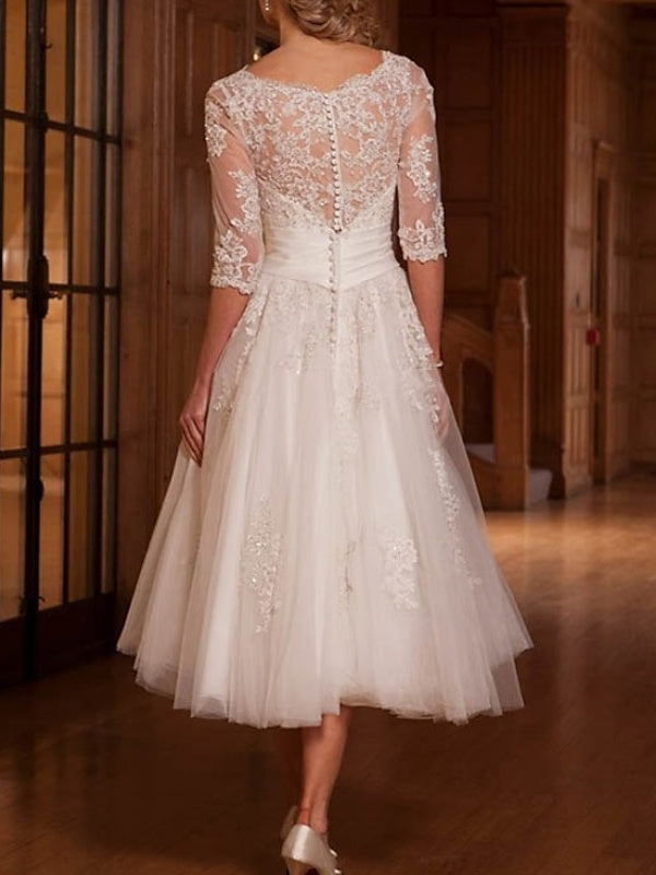 A-Line/Princess Lace Tulle Illusion Neck 3/4 Length Sleeve Tea Length - Mondressy A-Line/Princess Lace Tulle Illusion Neck 3/4 Length Sleeve Tea Length - Mondressy