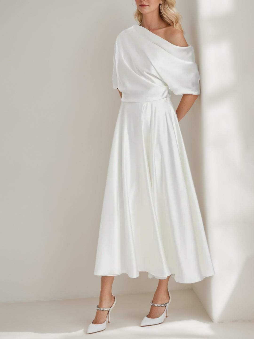 A-Line/Princess One-Shoulder Half Sleeves Ankle Length Wedding Dress With Ruffles