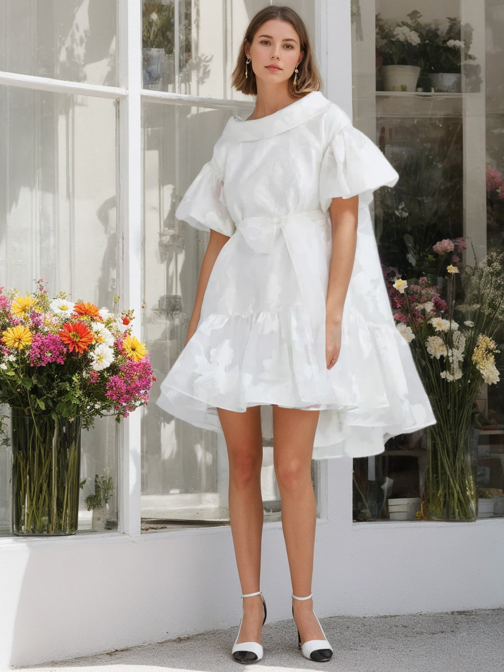 Little White Dresses for Bridal Shower A-Line Round Short Sleeves Asymmetrical Wedding Party Dress with Bowknot for Spring Vacation, Ivory