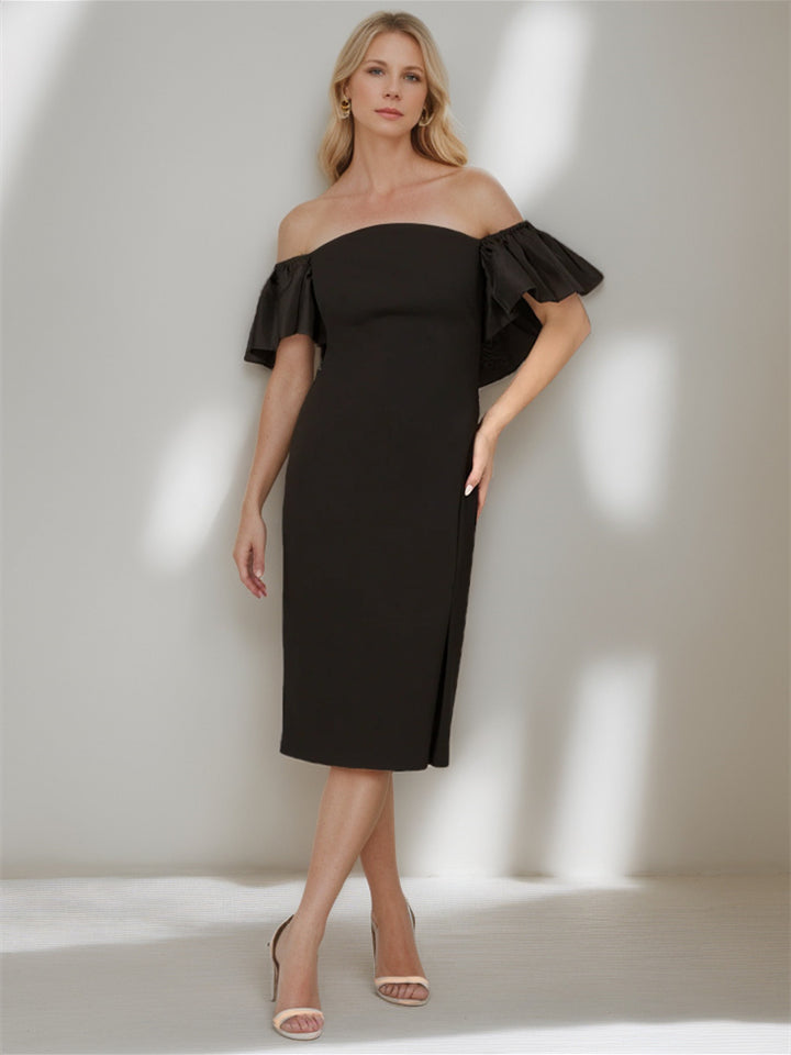 Sheath/Column Off-the-Shoulder Sleeveless Tea-Length Wedding Dress With Pure Color Sheath/Column Off-the-Shoulder Sleeveless Tea-Length Wedding Dress With Pure Color