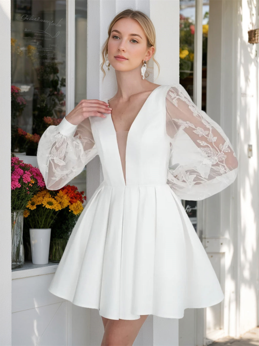 A-Line/Princess V-Neck Long Sleeves Mini Lace Wedding Dress - Mondressy A-Line/Princess V-Neck Long Sleeves Mini Lace Wedding Dress - Mondressy