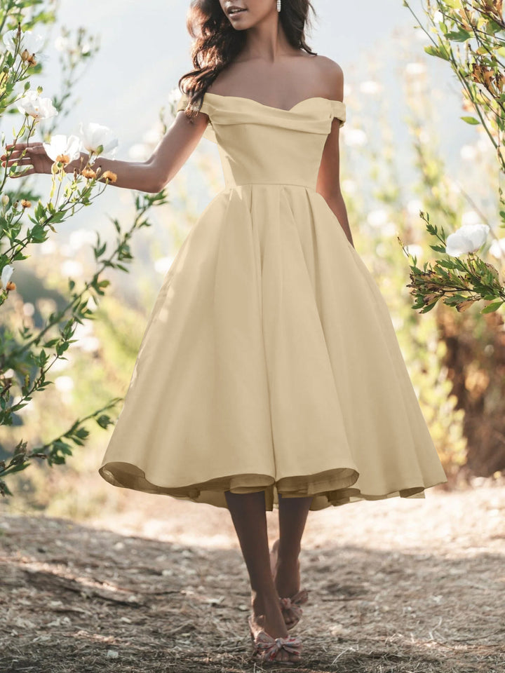 A-Line/Princess Off-the-Shoulder Tea-Length Satin Elegant Gown Wedding Dress