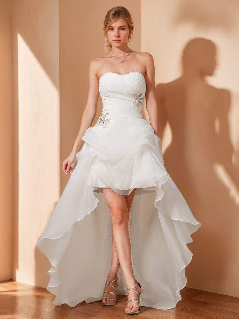 Strapless Bridal Dresses 2026 for Women A Line/Princess Sleeveless Asymmetrical Chic Formal Wedding Gowns with Beading, White