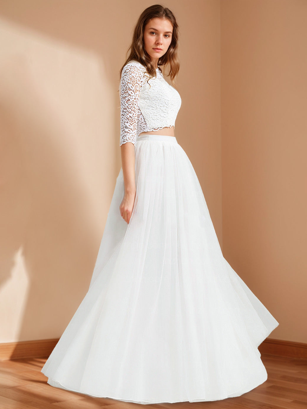 2 Pieces Scoop Neck Half Sleeves Floor-Length Wedding Dresses with Appliques & Lace