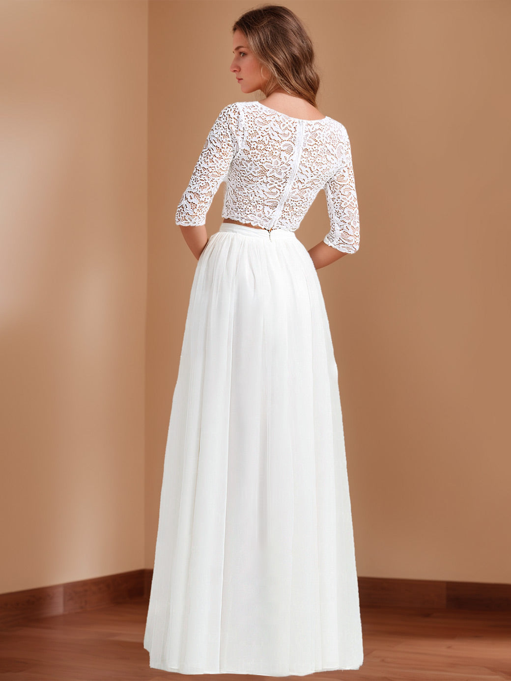 2 Pieces Scoop Neck Half Sleeves Floor-Length Wedding Dresses with Appliques & Lace