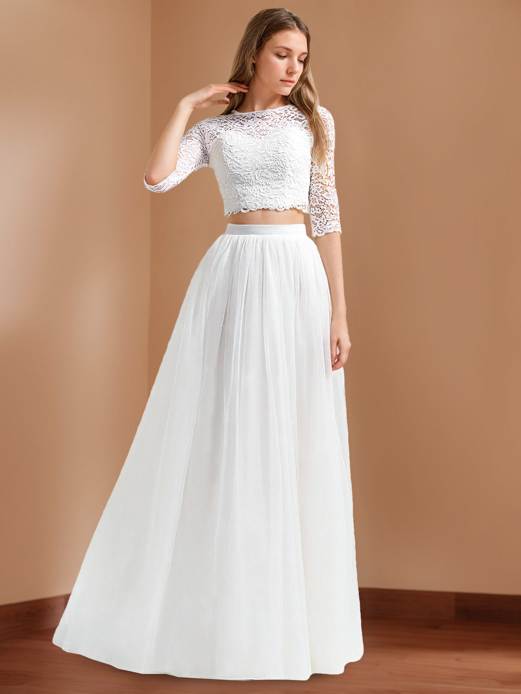 2 Pieces Wedding Dresses Lace Appliques Chic Women's A-Line Scoop Neck Half Sleeves Floor-Length White Chiffon Bridal Gowns, White