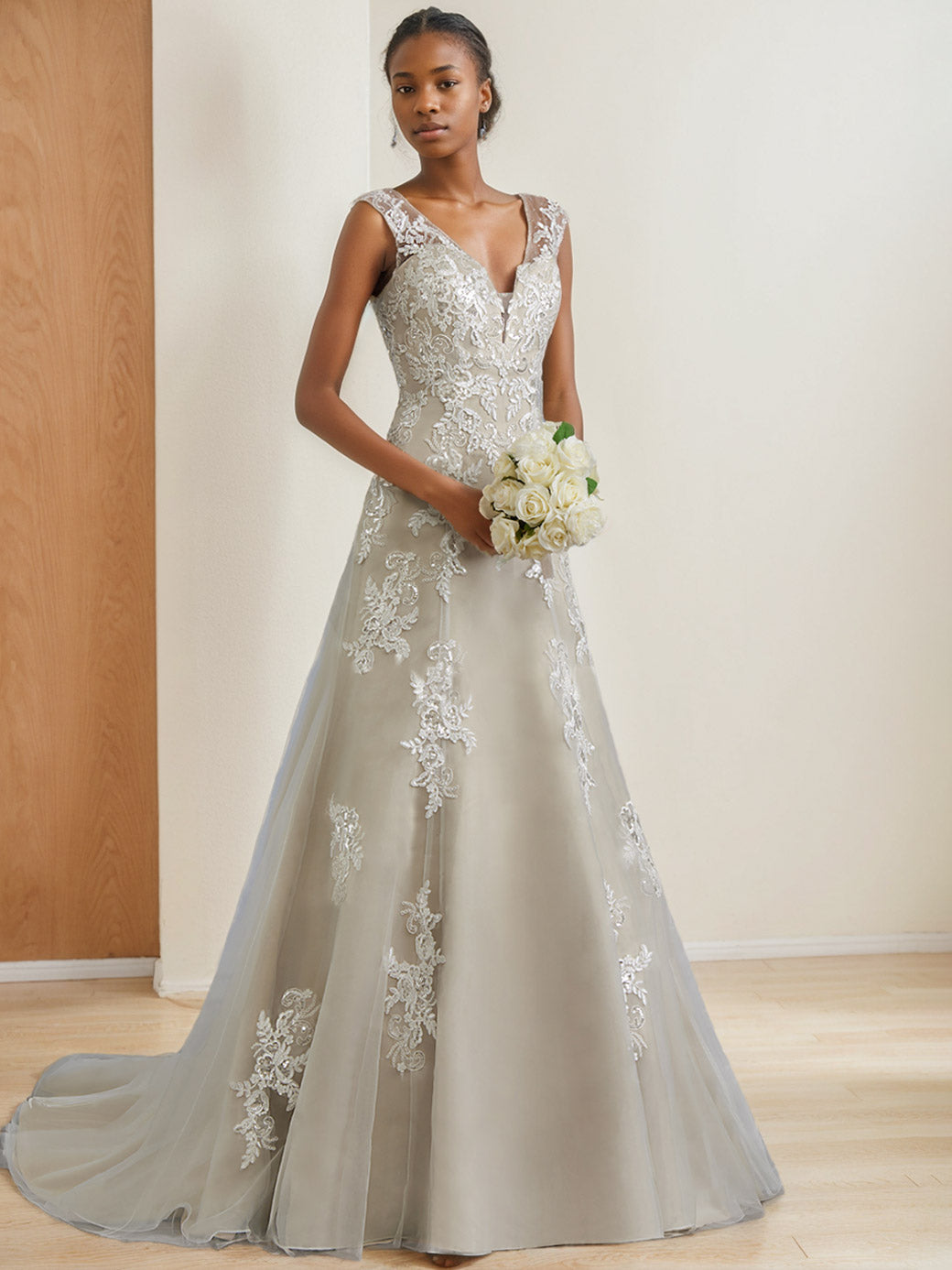 A-Line/Princess V-Neck Sleeveless Floor-Length Wedding Dress With Beading