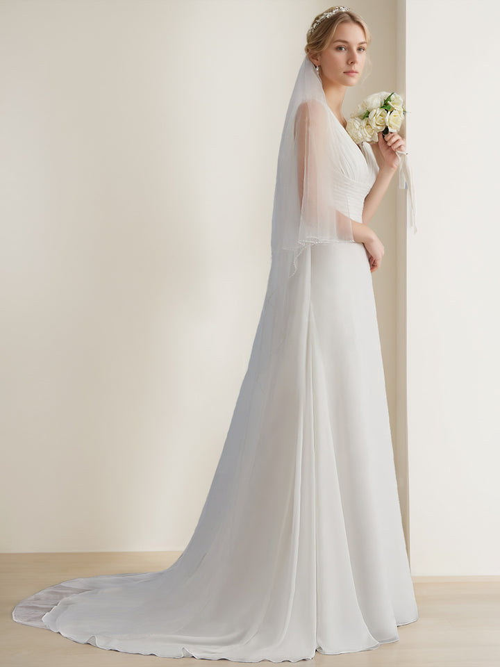 A-Line/Princess V-Neck Sleeveless Floor-Length Long Tulle Wedding Dress with Ruffles