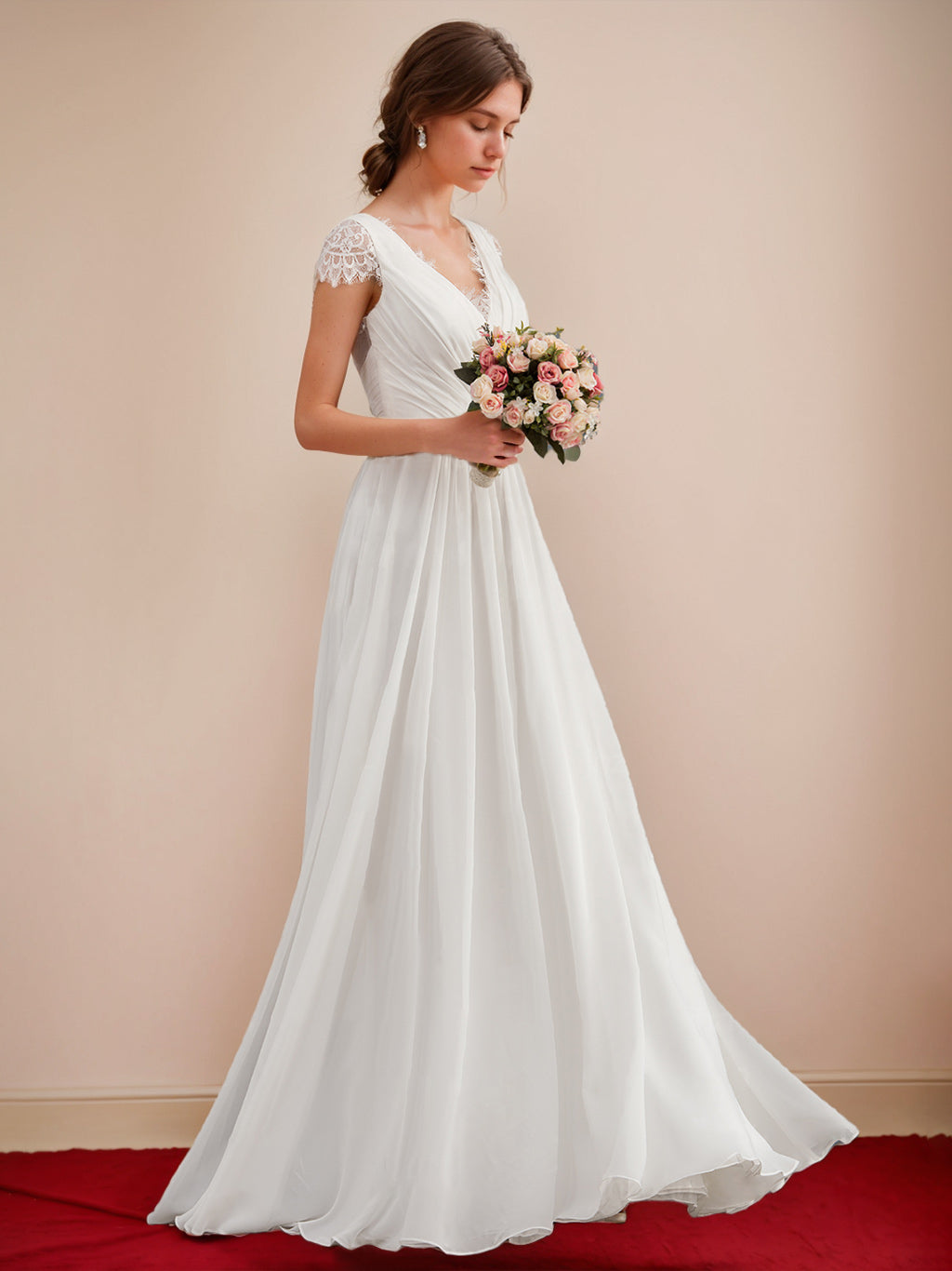 A-Line/Princess V-Neck Short Sleeves Floor-length Lace Wedding Dress with Ruffles