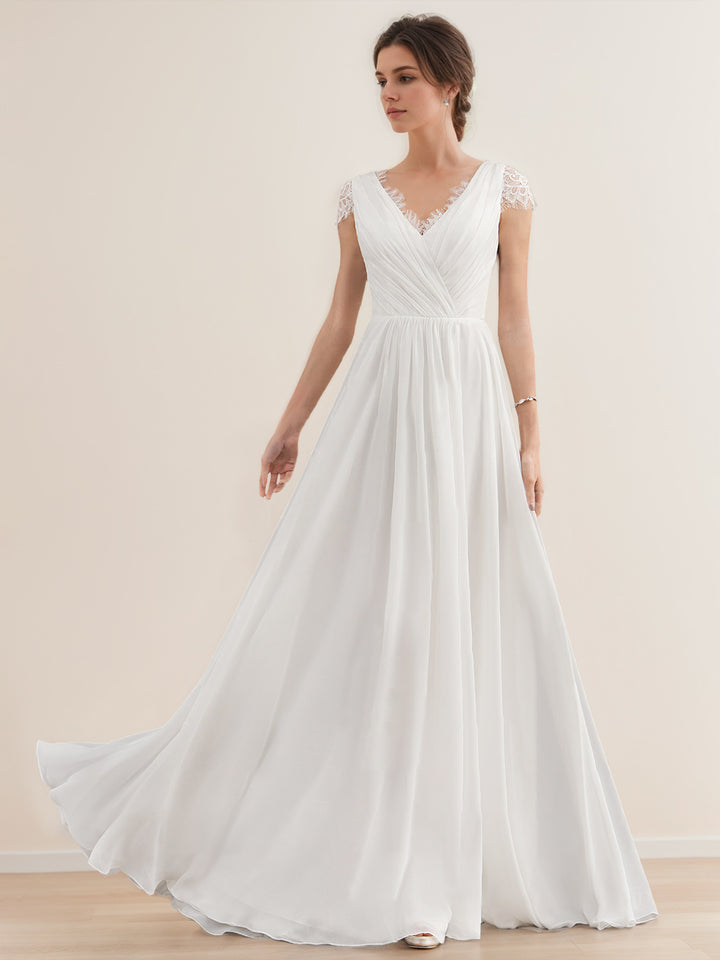 A-Line/Princess V-Neck Short Sleeves Floor-length Lace Wedding Dress with Ruffles