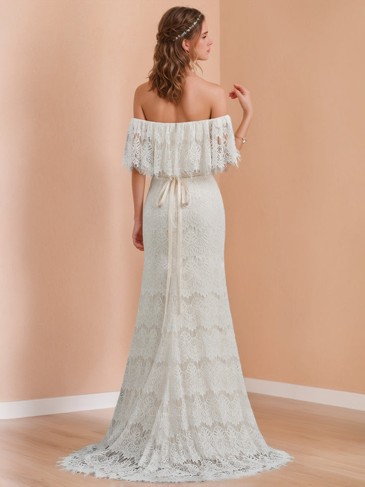 A-Line/Princess Off-the-Shoulder Floor-Length Lace Wedding Dress