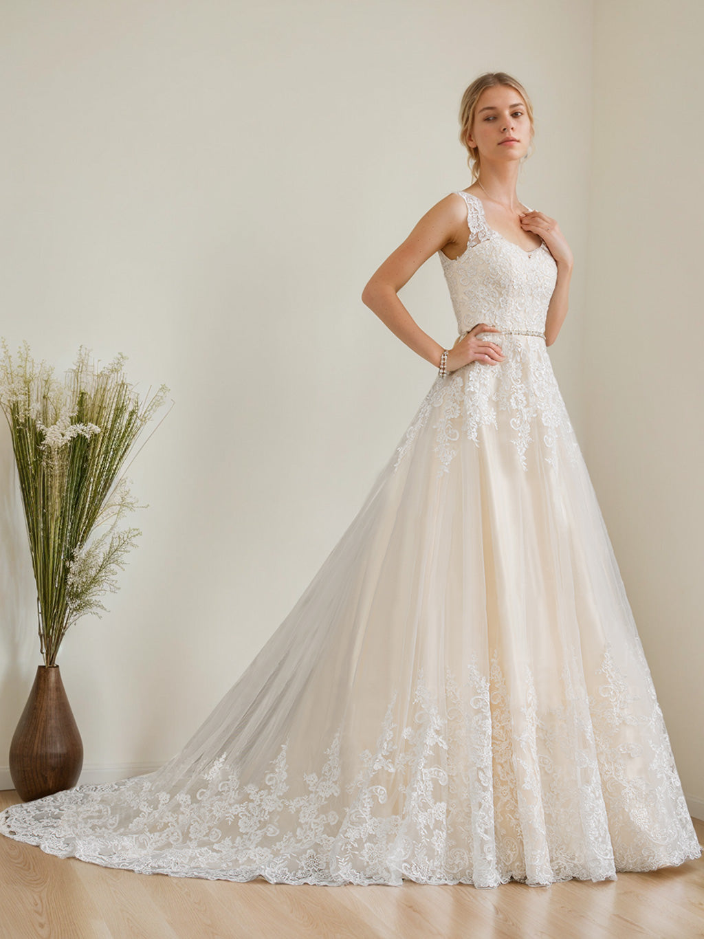 Lace Appliques Bridal Dresses 2026 for Women Tulle Ball Gown A-Line Square Neck Sleeveless Floor-Length Formal Wedding Gowns, Ivory Lace Appliques Bridal Dresses 2026 for Women Tulle Ball Gown A-Line Square Neck Sleeveless Floor-Length Formal Wedding Gowns, Ivory