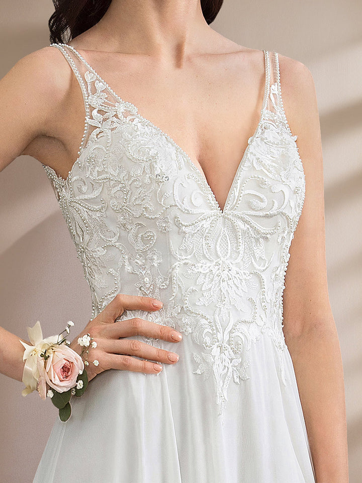 A-Line/Princess Deep V-Neck Sleeveless Floor-Length Unique Split Side Wedding Dress with Appliques & Lace