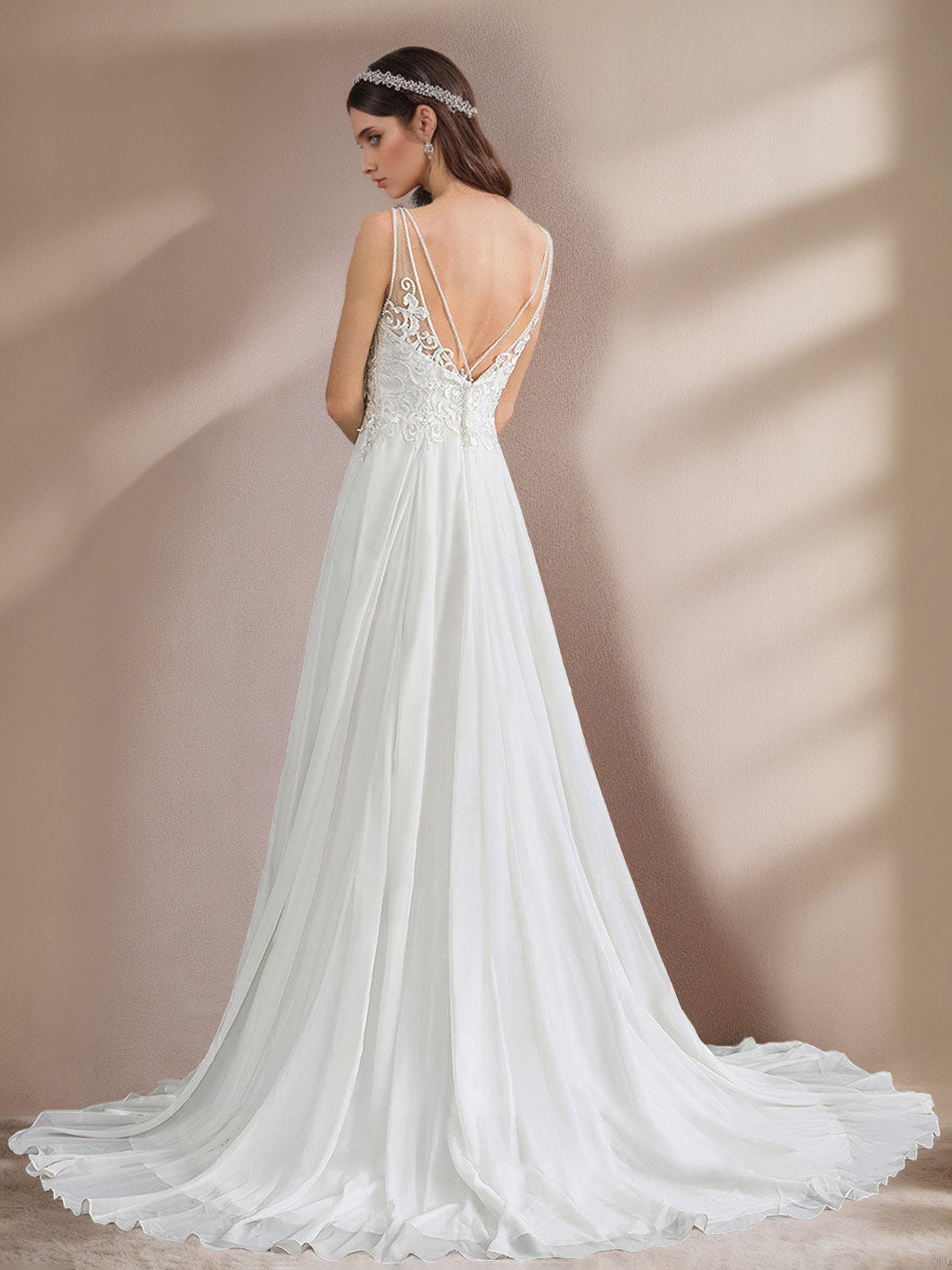 2026 Bridal Gowns Appliques A-Line Deep V-Neck Sleeveless Floor-Length Chiffon Elegant Formal Wedding Dresses with Split Side, White 2026 Bridal Gowns Appliques A-Line Deep V-Neck Sleeveless Floor-Length Chiffon Elegant Formal Wedding Dresses with Split Side, White