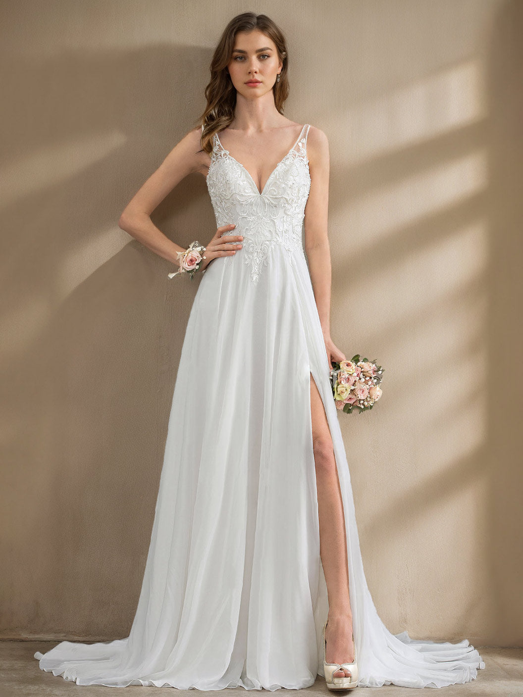 A-Line/Princess Deep V-Neck Sleeveless Floor-Length Unique Split Side Wedding Dress with Appliques & Lace