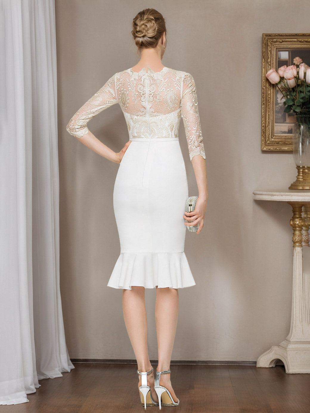 Sheath/Column Scoop Half Sleeves Knee-Length Lace Wedding Dress With Appliques