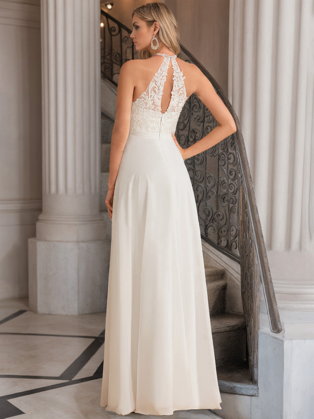 halter aline wedding dress SATIN HALTER NECKLINE A-LINE BRIDAL DRESS BY LADIVINE STYLE CD372W OFF White / 4